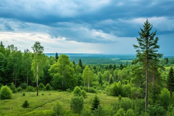 Obraz premium Wide-angle view of a young green forest with trees of different ages and sizes against a bright blue sky on a cloudy day, green forest, trees, tree bark, branch structure, landscape photography