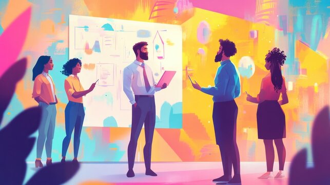 Diverse team using smart tools for collaborative project planning, illustration 