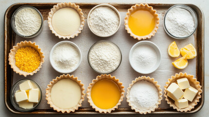 A collection of various ingredients arranged in tart shells, including flour, butter, sugar, and lemon, showcasing essentials for baking.