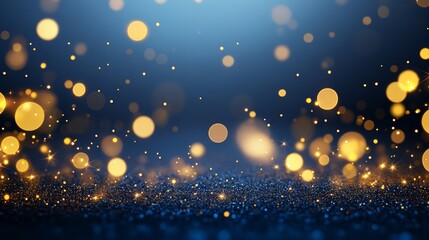 Obraz premium Dreamy Gold Sparkles on Navy, an enchanting abstract composition featuring shimmering gold lights set against a deep navy backdrop, ideal for luxurious holiday designs
