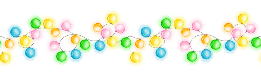 Festive New Year garland with glowing bulbs on a seamless horizontal border. Watercolor digital illustration. Christmas glowing garland isolated on a white background. New Year and Christmas