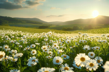 A breathtaking springtime landscape featuring a lush field of white daisies under a golden sunset with rolling green hills in the background