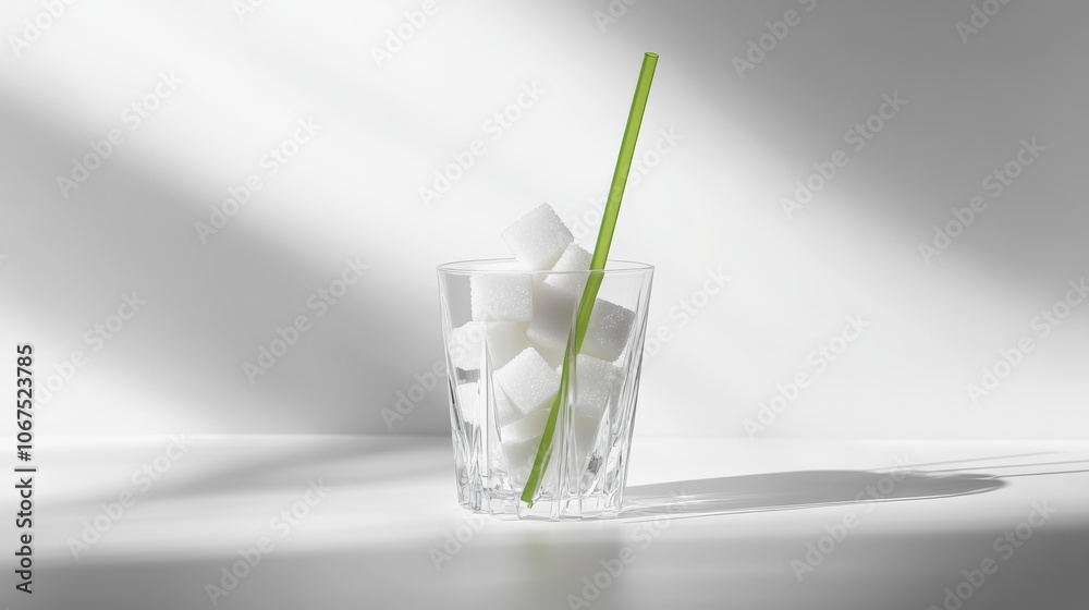Poster sugar cubes are piled in a glass with a green straw, representing excessive sugar intake and its hea
