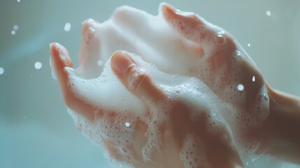 Fototapeta premium Close-up of hands holding soapy water, emphasizing cleanliness and hygiene.