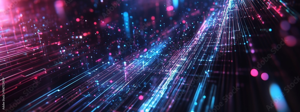 Poster colorful digital particles create an abstract representation of technology and data flowing through 