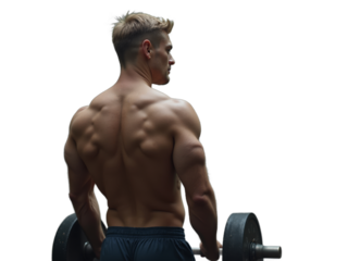 Muscular caucasian man lifts dumbbell showcasing his back strength in weightlifting session against white background