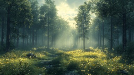 Obraz premium A sunlit path winds through a misty forest, dappled light illuminating wildflowers and tall trees.
