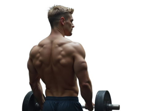 Muscular caucasian man lifts dumbbell showcasing his back strength in weightlifting session against white background