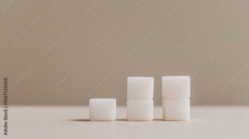 Poster three stacks of sugar cubes show increasing height, warning about excessive sugar intake and promoti