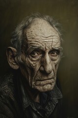 Fototapeta premium Contemplative Elderly Man in Thoughtful Expression on Olive Green Background for Reflective Design
