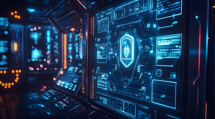 Obraz premium Futuristic interface with advanced network security protocols and digital protection