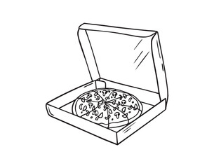 Hand drawn doodle box of pizza. Sketch Open pizza box. Drawing Pizza in cardboard box. Delivery vintage element.