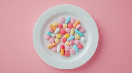 Colorful assortment of tablets and capsules arranged on a white plate against a pink backdrop