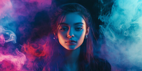 vibrations depicted as colorful smokey liquid art travels from the sky down to the ears of a realistic young woman with cool hair facing forward, enlightened expression