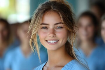 young nursing student confidently standing with her team in scrubs outside a hospital exuding care and professionalism bright clinical environment reflecting dedication to healthcare