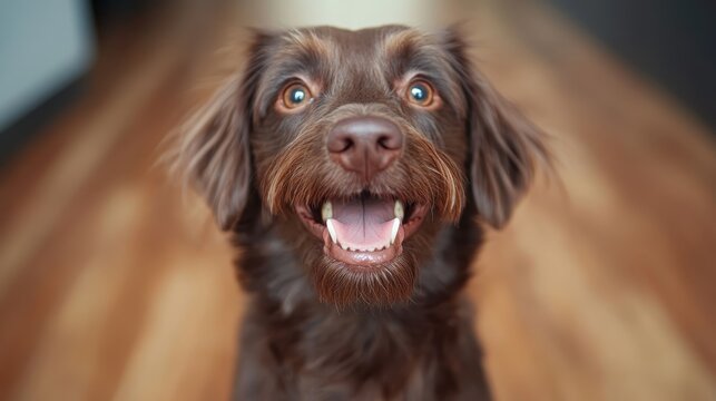 A close-up image of a cheerful long-haired chocolate-colored dog with bright eyes, exuding joy and friendliness, perfect for pet-related themes.