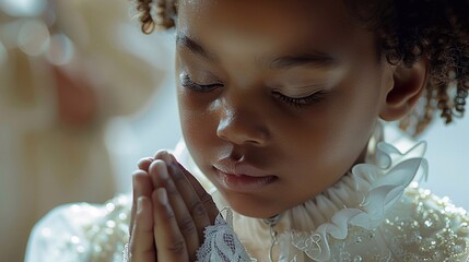 Naklejka premium Hands of the First Communion girl folded in prayer, girl reads prayer for the first communion