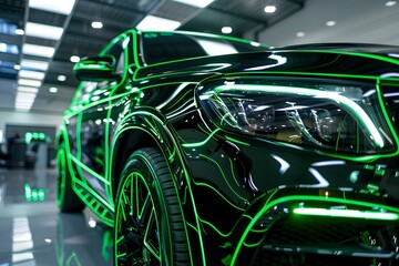 Futuristic Black SUV with Neon Green Accents in a Modern Showroom
