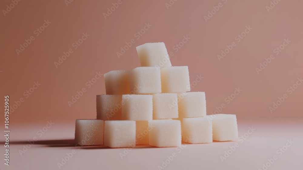 Poster white sugar cubes arranged in a pyramid shape on a pink background, symbolizing the concept of sugar