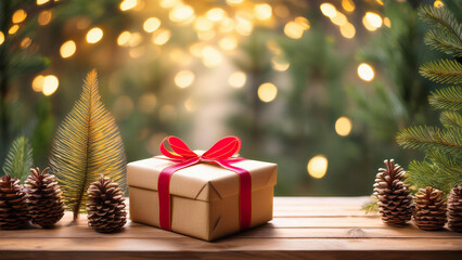 Christmas Composition with Gifts, Pinecones, and Festive Lights