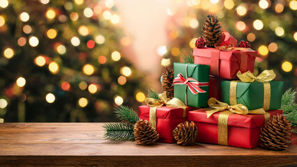 Christmas Gift Packages on Rustic Wooden Table