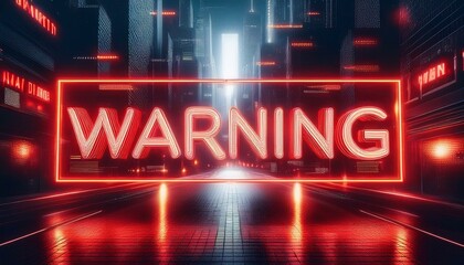 Neon Warning in Futuristic City: A stark warning sign illuminates a neon-drenched futuristic cityscape. The text "WARNING" glows brightly, stark against the dark, cyberpunk background.