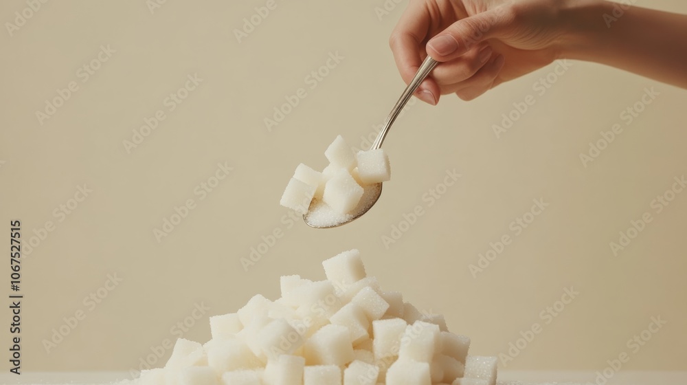 Aufkleber hand using a spoon to pick up sugar cubes from a pile of sugar, symbolizing sugar consumption, addic