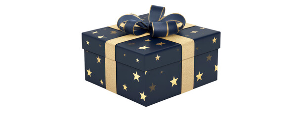 Obraz premium Elegant black gift box with gold stars and ribbon, perfect for special occasions, celebrations, birthdays, and festive surprises.