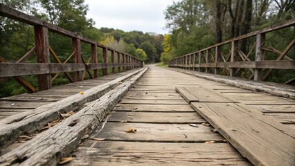 Fototapeta premium Close-up of worn, weathered wooden planks on a dilapidated bridge, wear, bridge, neglect, crumbling