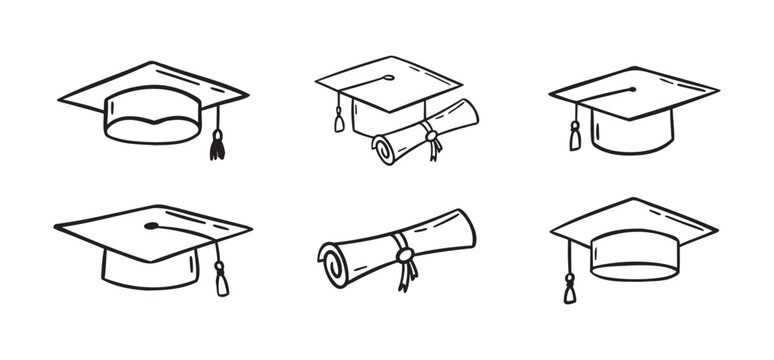 Graduation hat set. Hand drawn doodle Graduation hats sketch line. Education college student success diploma drawing
