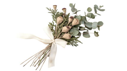 Elegant dried bouquet of eucalyptus and small flowers tied with a cream ribbon, perfect for rustic decor and natural-themed arrangements.