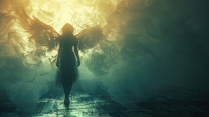 Fototapeta premium Hope concept with silhouette of woman projecting shadow with wings 
