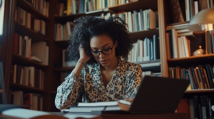 Thoughtful Woman Studying in a Library Surrounded by Books