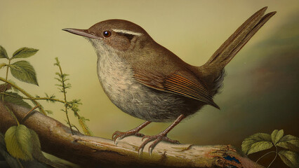 Fototapeta premium A replication of an old art print of a house wren perched on a branch. A hint of texture makes it look like an old painting.