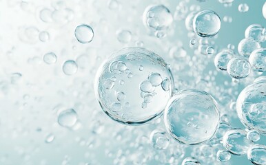 Transparent Water Molecules on Light Blue Background. AI generated illustration