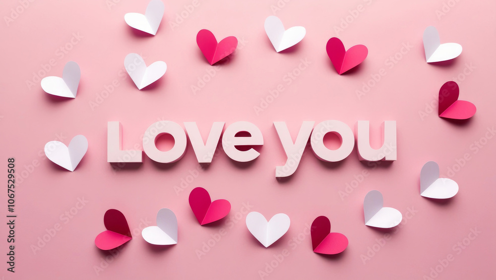 Wall mural Valentines day. Stylish pink and red hearts composition on pink paper background with text 