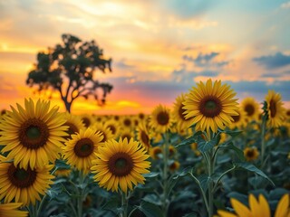 Fototapeta premium Field of vibrant yellow sunflowers swaying in the breeze with a lone tree silhouetted against a colorful sunset sky, environment, nature, growth