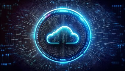 Obraz premium Cloud Computing: A futuristic and dynamic representation of cloud computing, showcasing a glowing cloud icon within a circular digital interface. The image evokes innovation, connectivity.