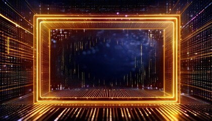 Obraz premium Digital Gateway: A futuristic, glowing portal of light in a digital landscape. The orange neon frame invites viewers to step through into the unknown.