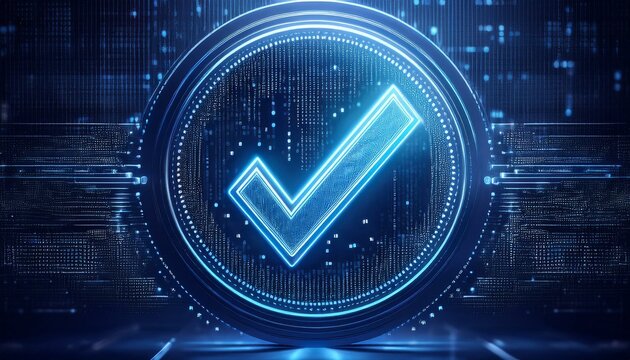 Cybersecurity Success: A glowing blue checkmark in a futuristic digital interface symbolizes security, data protection, and successful system verification.