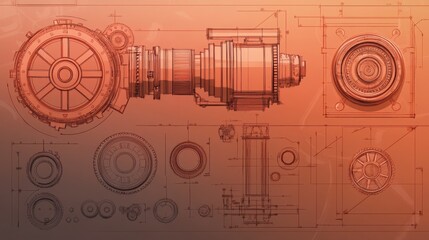 Obraz premium Mechanical design illustration, featuring gears, blueprints, and 3D models, flat and detailed vector