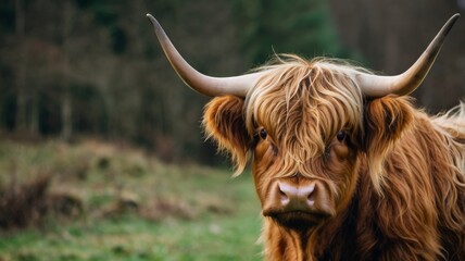 Highland cow posing in a meadow by the forest