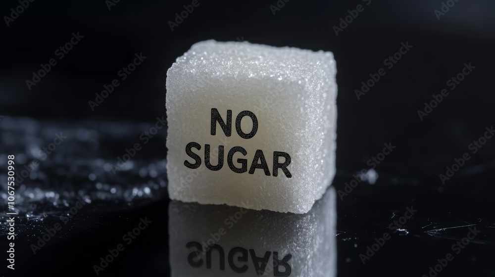 Poster single sugar cube with no sugar inscription is lying on black reflective surface, promoting sugar fr