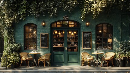 A charming green storefront with a glass door entrance, two tables with chairs, and lush greenery covering the building.