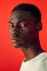 Obraz premium Confident Young Man Against Bold Red Background Strength and Style Photography for Print, Posters