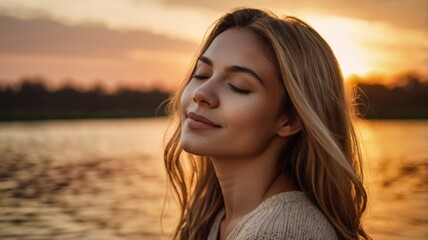 Fototapeta premium Beautiful woman enjoying golden sunset at lake, feeling harmony and happiness