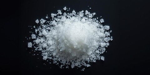 Pile of salt crystals on dark background, top view, pile, kitchen