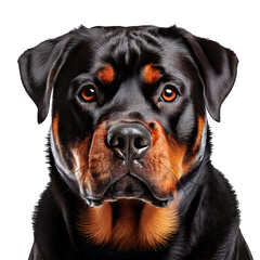 Fototapeta premium Close-Up of a Serious Rottweiler with Distinctive Black and Brown Markings, Isolated on Transparent Background