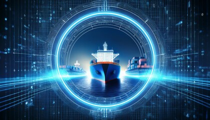 Digital Ship Navigation: Futuristic illustration of a cargo ship at the center of a glowing digital interface, symbolizing advanced technology in maritime transport. 