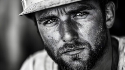 Obraz premium Portrait of man in hard hat with stubble beard and intense gaze in dramatic black and white monochrome lighting, copy space